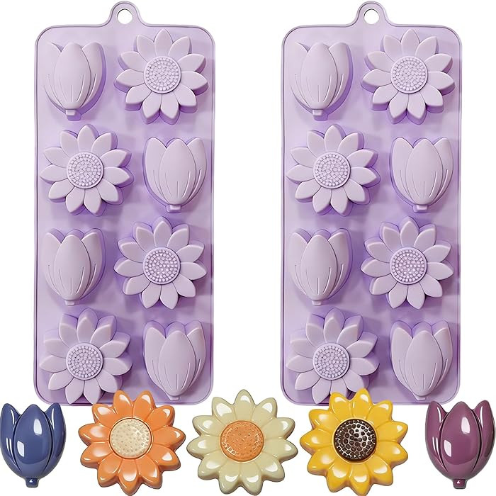 Flower Ice Cube Molds Silicone 2Pcs Sun Flower Chocolate Candy Molds for Baking Tulip Shape Jello... | Amazon (US)