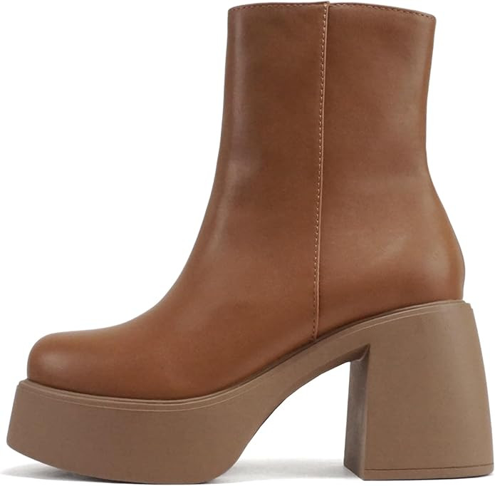Soda “OARSMAN” ~ Women Square Toe Platform Medium Chunky Heel Ankle Boot with Side Zipper | Amazon (US)