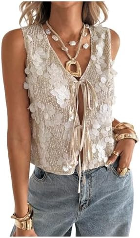 SOLY HUX Women's Sequin Lace Up Tank Top Sparkly Deep V Neck Sleeveless Shirts Party Crop Vest | Amazon (US)