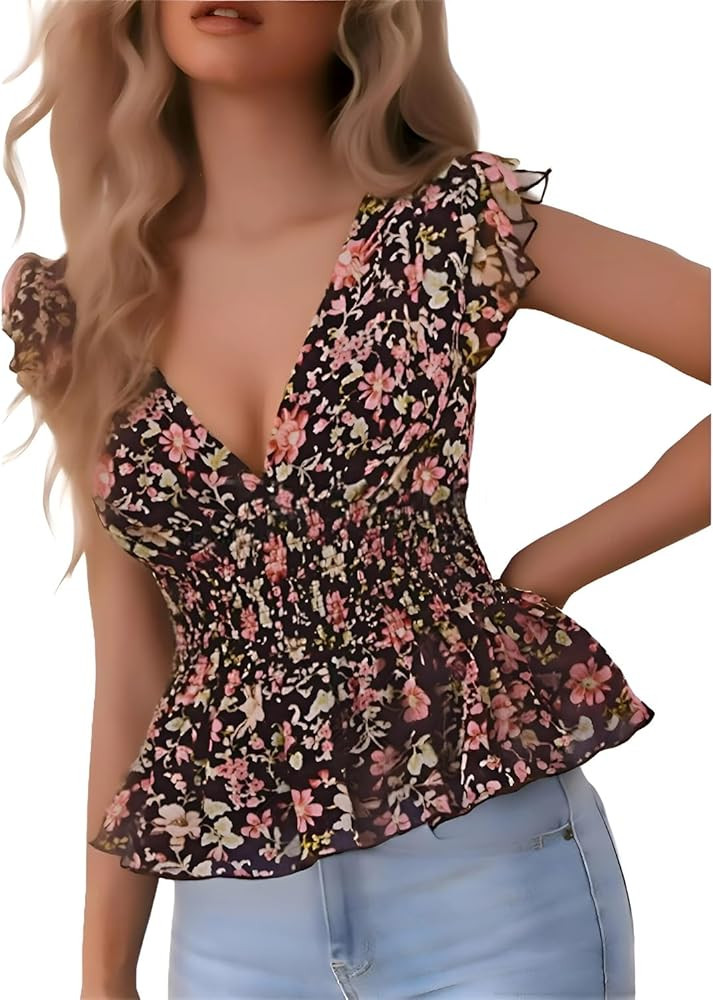 Women's Summer Sleeveless Wrap V Neck Peplum Tops Dressy Chiffon Blouses Ruffle Shirts Floral Tan... | Amazon (US)
