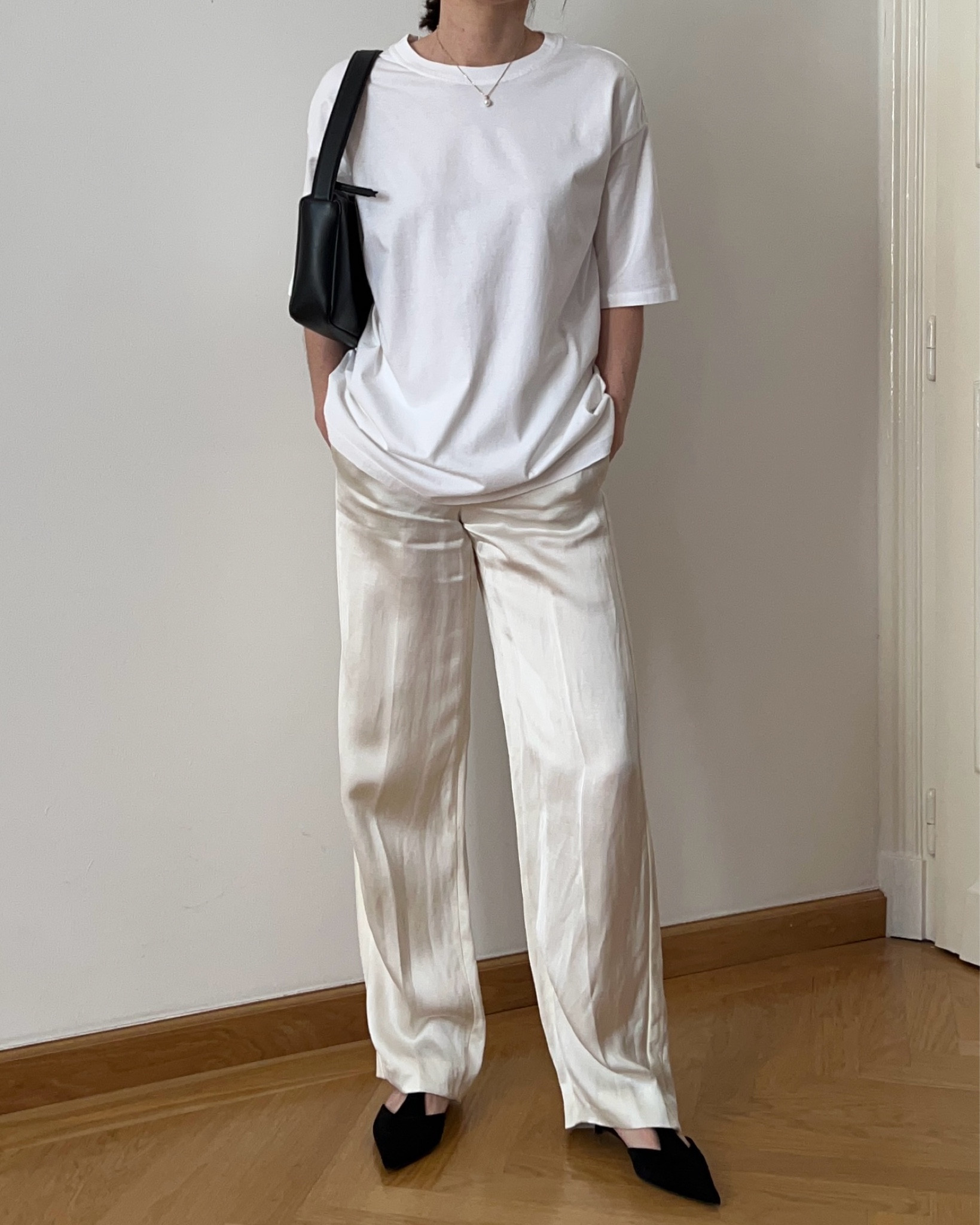 Satin trousers, cream satin trousers, satin pants, white t-shirt, white tee, simple outfit, spring outfit, affordable outfit, pearl necklace, gold necklace, jewellery, minimal outfit, Spring trends

#LTKstyletip #LTKfindsunder100 #LTKeurope