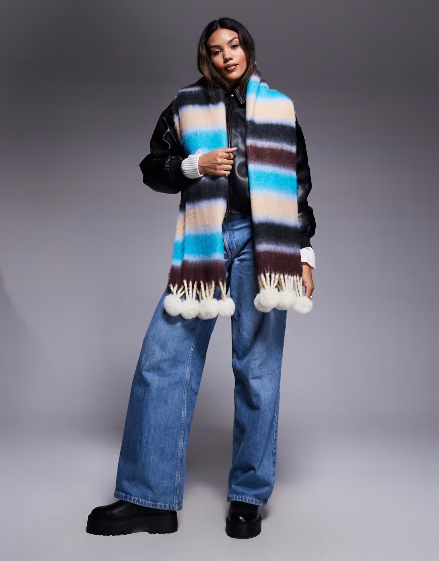 Kiwi & Co Frostbite brushed oversized bobble scarf in blue & brown soft stripe-Multi | ASOS (Global)
