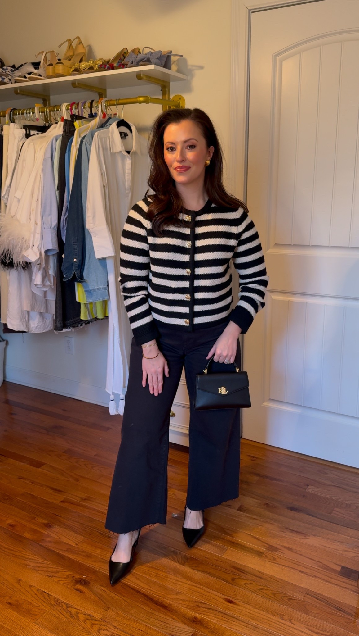 Workwear inspiration 
Black and white striped lady jacket sweater (small)

Black denim wide leg (size 4)

#LTKPetite #LTKSpringSale #LTKWorkwear