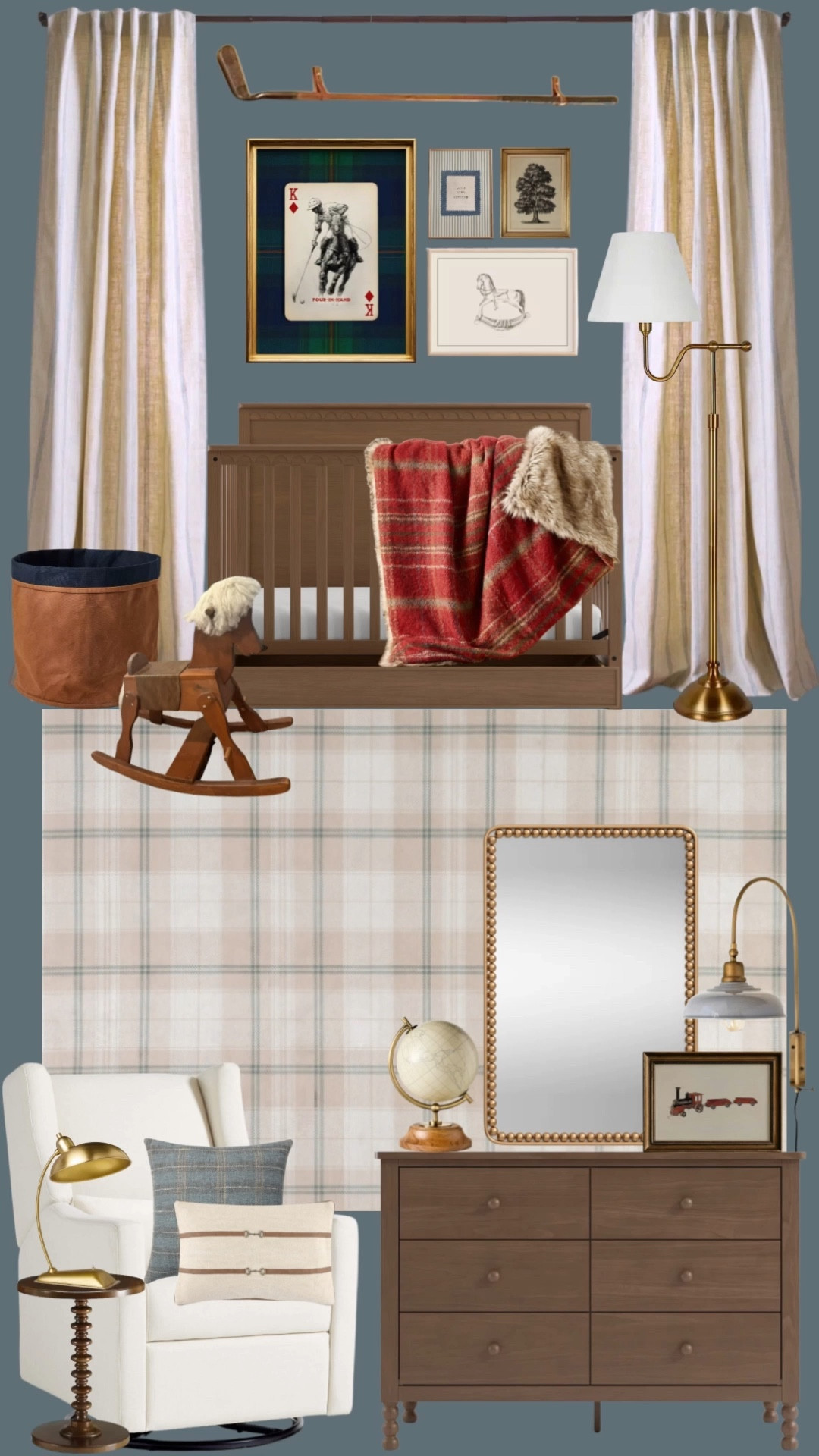 Ralph Lauren inspired boy room 💙

This space was designed around heritage - mixing classic patterns, warm woods, and meaningful vintage pieces for a look that is timeless and collected. From the equestrian style art and heirloom rocking horse to the plaid accents, brass lighting, and tailored leather textiles, every layer is meant to grow with your baby! 

boy nursery, ralph lauren nursery, classic boy nursery, preppy nursery, traditional nursery, vintage inspired nursery, heirloom nursery decor, equestrian nursery, golf nursery decor, plaid nursery, blue nursery walls, neutral boy nursery, timeless nursery design, elevated nursery, masculine nursery decor

#LTKHome #LTKBaby #LTKBump