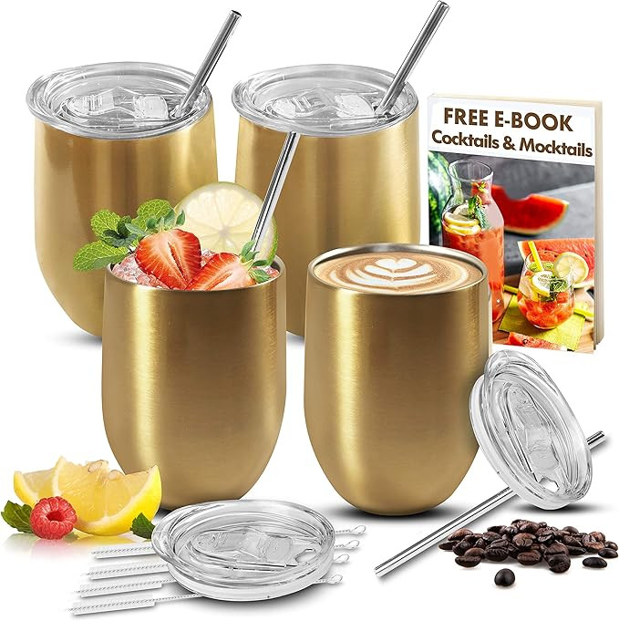 LOADEDSPOON Stainless Steel Wine Tumbler Set with Lids and Straws 4 Pack, Free E-Book, Stainless ... | Amazon (US)