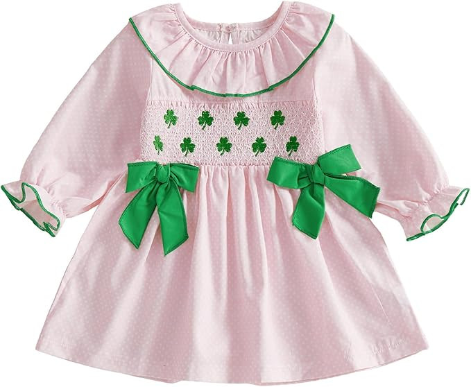 Toddler Baby Girl St Patricks Outfit Clover Irish Plaid Ruffle Long Sleeve Shamrock Dress Girls S... | Amazon (US)