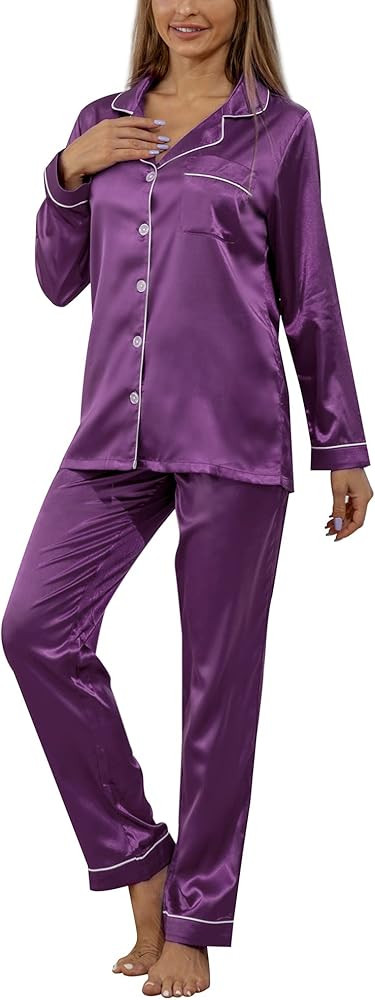 YIMANIE Womens Silky Satin Pajamas Set Classic Sleepwear Loungewear | Amazon (US)