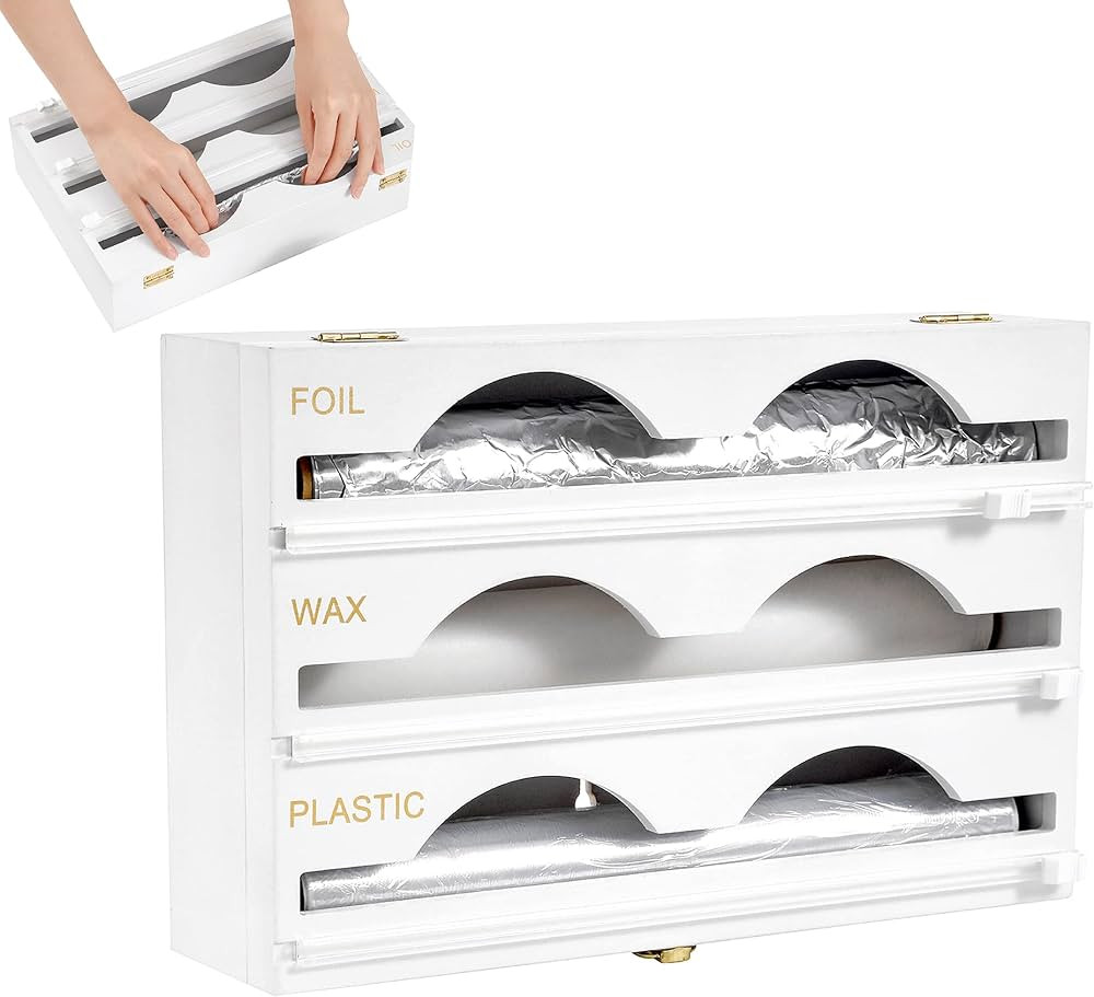 3 in 1 Foil and Plastic Wrap Organizer with Cutter Wrap Dispenser Aluminum Foil Organization and Storage for Drawer Kitchen Organization Bamboo White | Amazon (US)