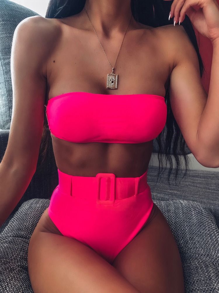 Neon Pink Buckle Belted Bandeau Bikini Swimsuit | SHEIN
