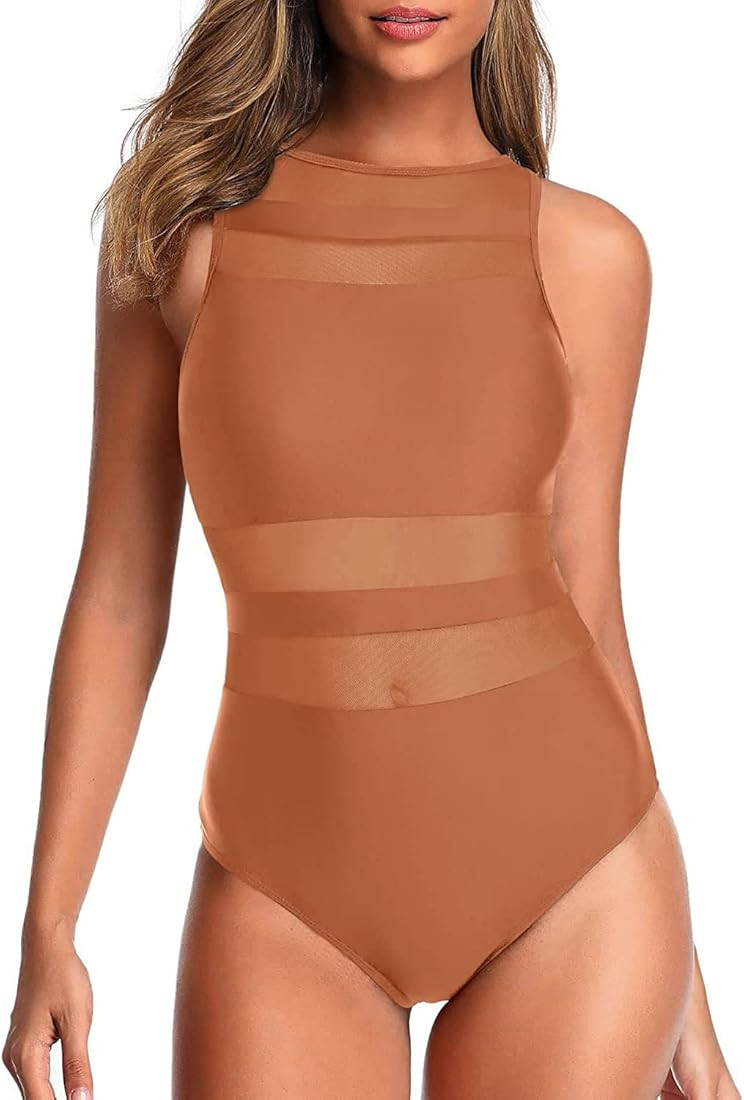 Holipick Women High Neck One Piece Swimsuits for Women Mesh Bathing Suits Open Back Swimwear | Amazon (US)