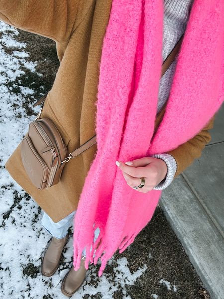 Winter outfit // pink fringe scarf, camel overcoat, wide leg jeans, waterproof boots 

#LTKSeasonal