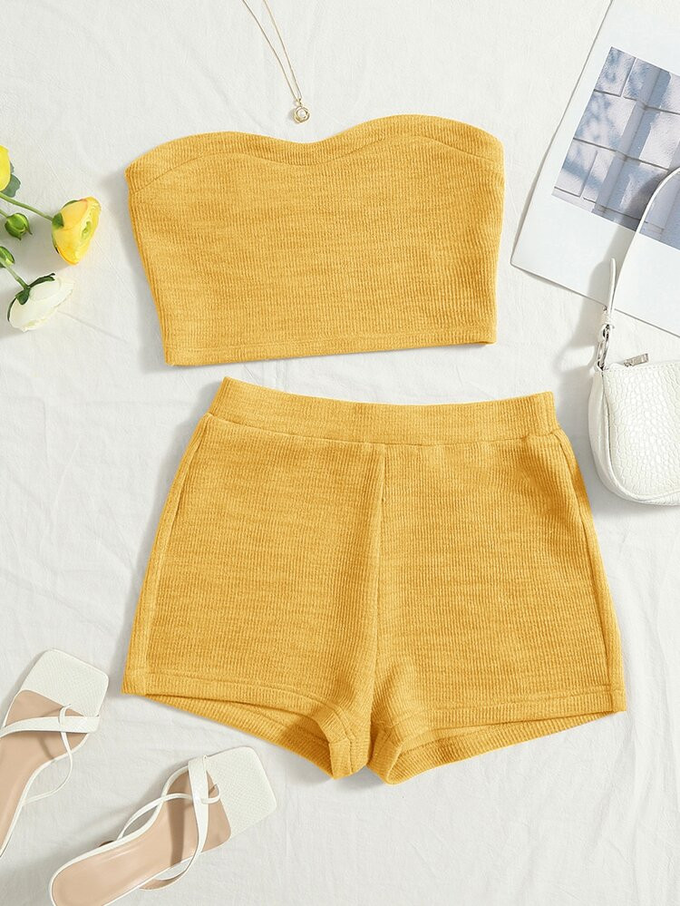 SHEIN VCAY Ribbed Knit Tube Top & Biker Shorts | SHEIN
