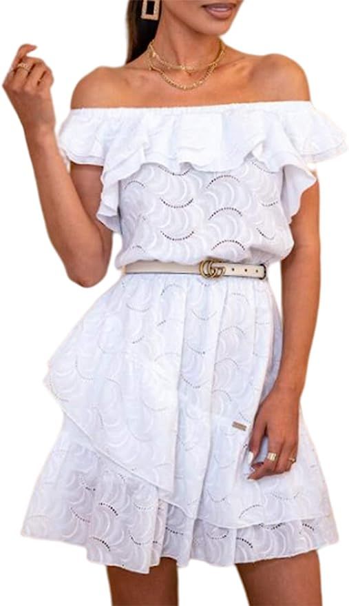 Lenmotte Women's Sweet Off Shoulder Ruffle Mini Dress Casual Floral Short Sleeve Dress | Amazon (US)