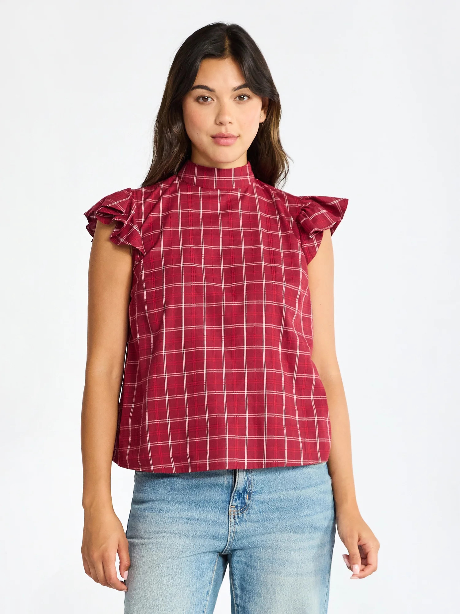 Time and Tru Women's Mock Neck Top with Flutter Sleeves, Sizes XS-XXXL | Walmart (US)