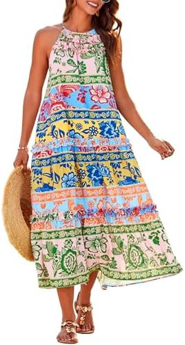 GRACE KARIN Women's Maxi Boho Dress Casual Summer Loose Long Floral Sundresses Flowy Halter Tiere... | Amazon (US)