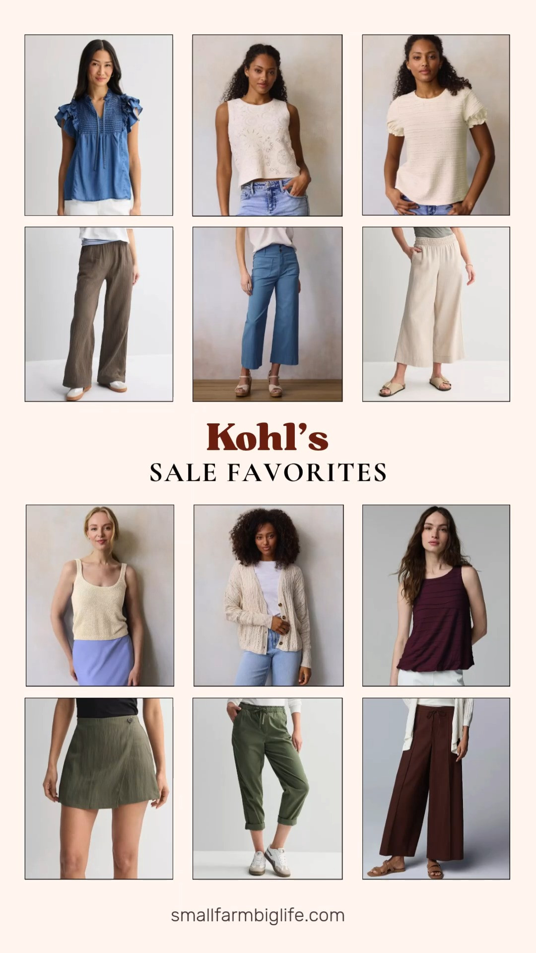 Kohl's Sale is full of great transitional pieces right now and this roundup has some of my favorite finds. So many easy summer into fall staples in this batch.
For tops, I am loving the cream LC Lauren Conrad Puff Sleeve Top, the blue chambray Farmers Market Flutter Sleeve Blouse, and the burgundy Simply Vera Vera Wang Bubble Tank Top. The cream LC Lauren Conrad Crochet Sweater Tank Top and Scoopneck Sweater Tank Top are both such easy layering pieces, and the cream LC Lauren Conrad V-Neck Cabled Sweater Cardigan is perfect for cooler evenings.
For bottoms, the brown SO High Rise Double Gauze Pants and beige Sonoma Goods For Life Linen Blend Pants are great relaxed options, and the blue LC Lauren Conrad Wildflower Super High Rise Wide Leg Crop Pants and burgundy Simply Vera Vera Wang Wide Leg Pants are perfect for a more polished look. The army green Sonoma Goods For Life Paper Bag Waist Capri and the army green Nine West Wrap Skort round out the picks with easy, versatile styles.
Shop all of my Kohl's Sale favorites linked in this post. 

 #LTKootd #LTKOver40 #LTKSaleAlert