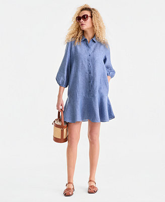 Women's 100% Linen Button-Front 3/4-Sleeve Dress | Macy's