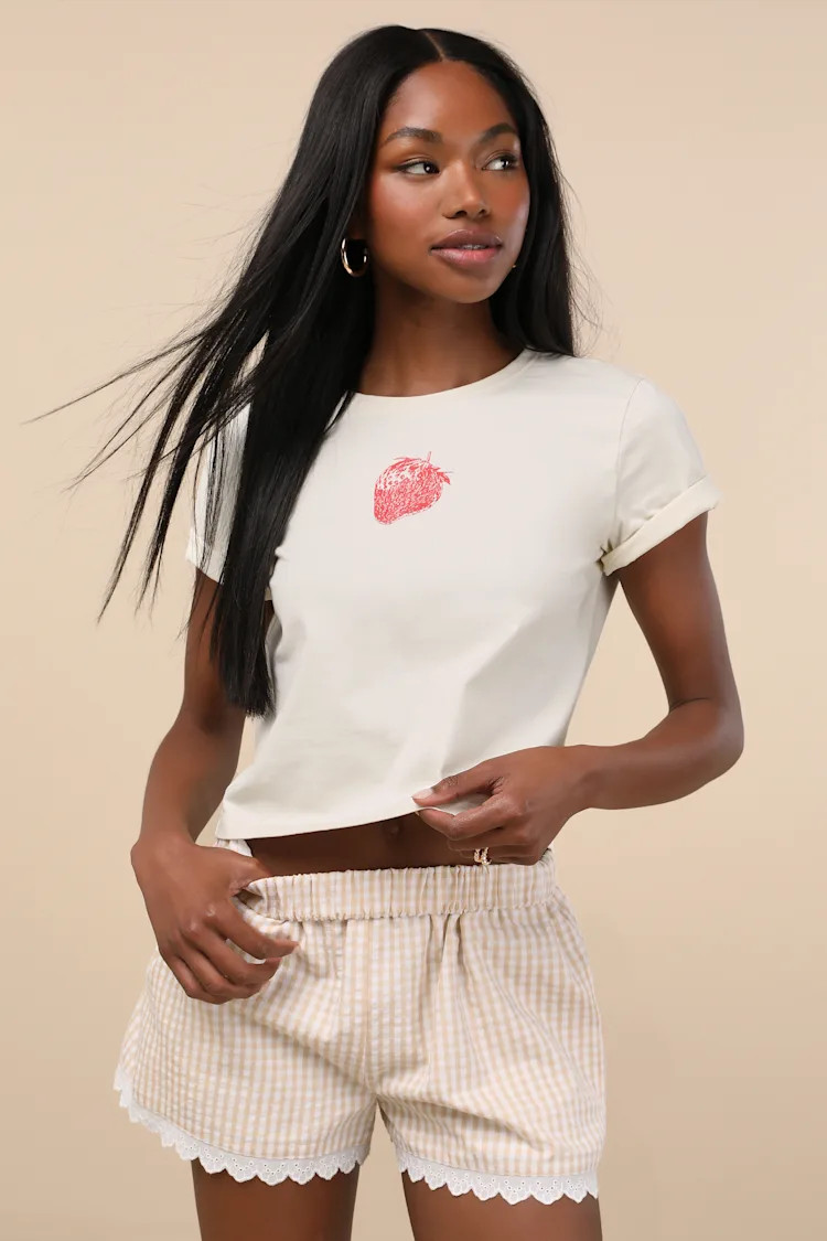 Marija Beige Gingham Scalloped Shorts | Lulus