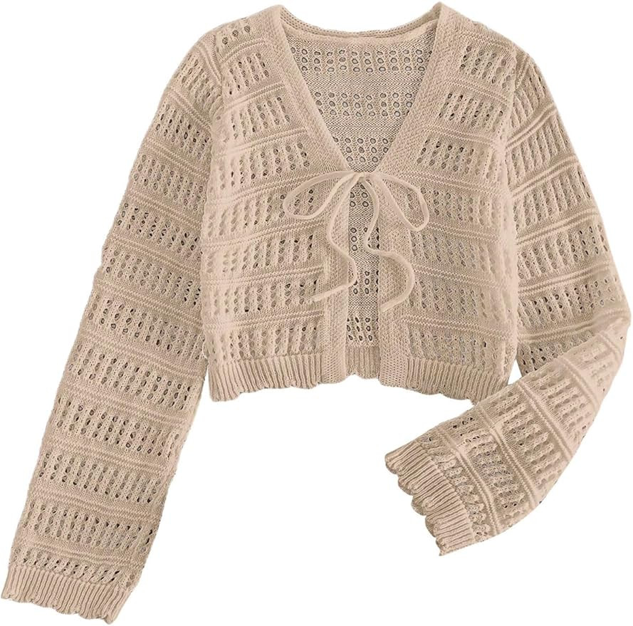SHENHE Women's Tie Front Hollow Out Cover Up Summer Boho Knit Cardigan Crop Tops | Amazon (US)