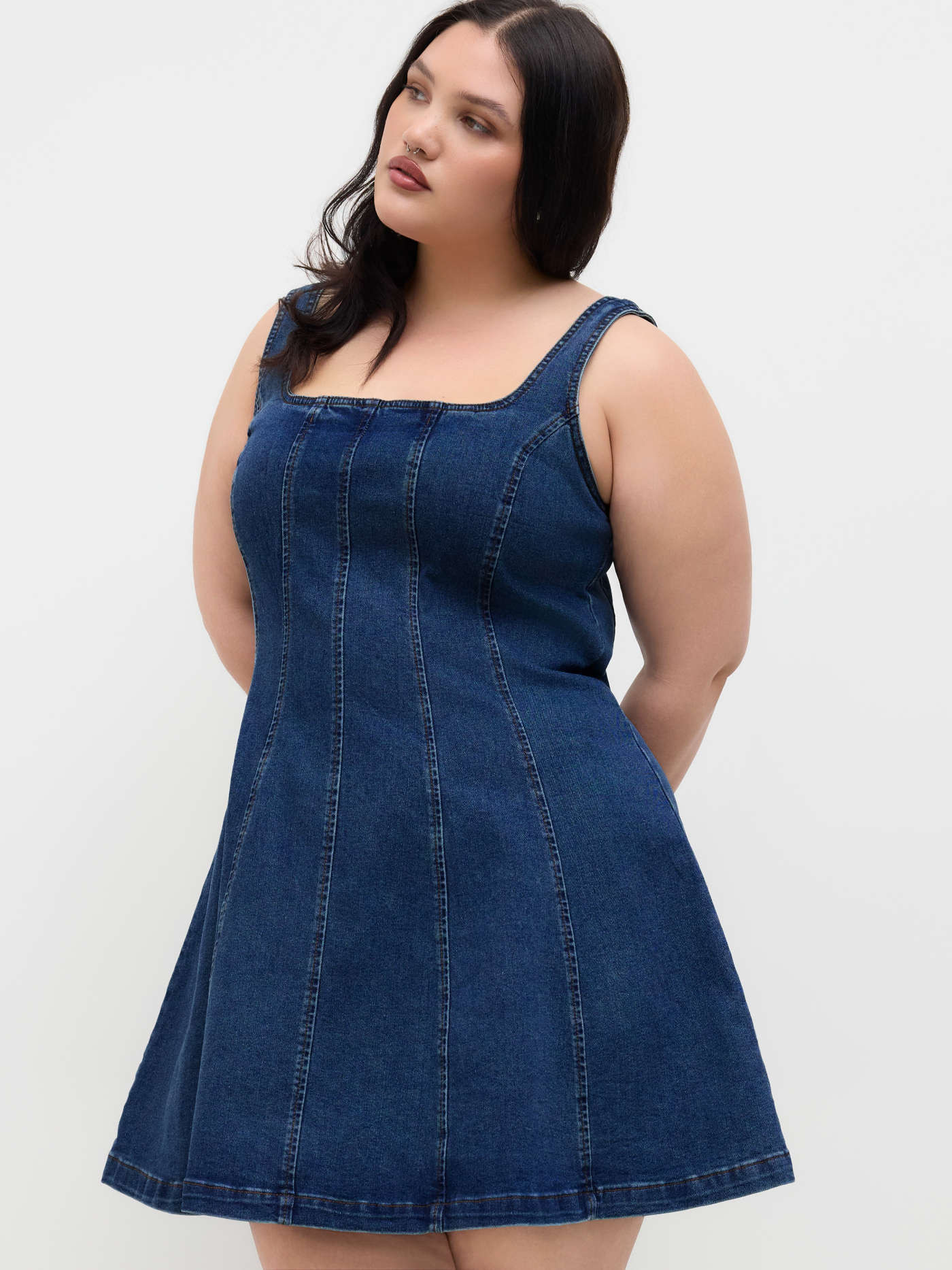 Denim Stretch Denim Square Neck Zipper Dress Curve & Plus For School | Cider