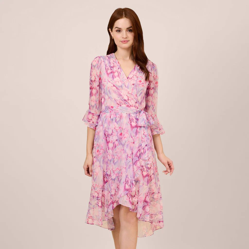 Floral-Printed Chiffon Short Dress In Pink Multi | Adrianna Papell