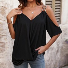 Ladies Solid Color Open Shoulder TShirt | SHEIN