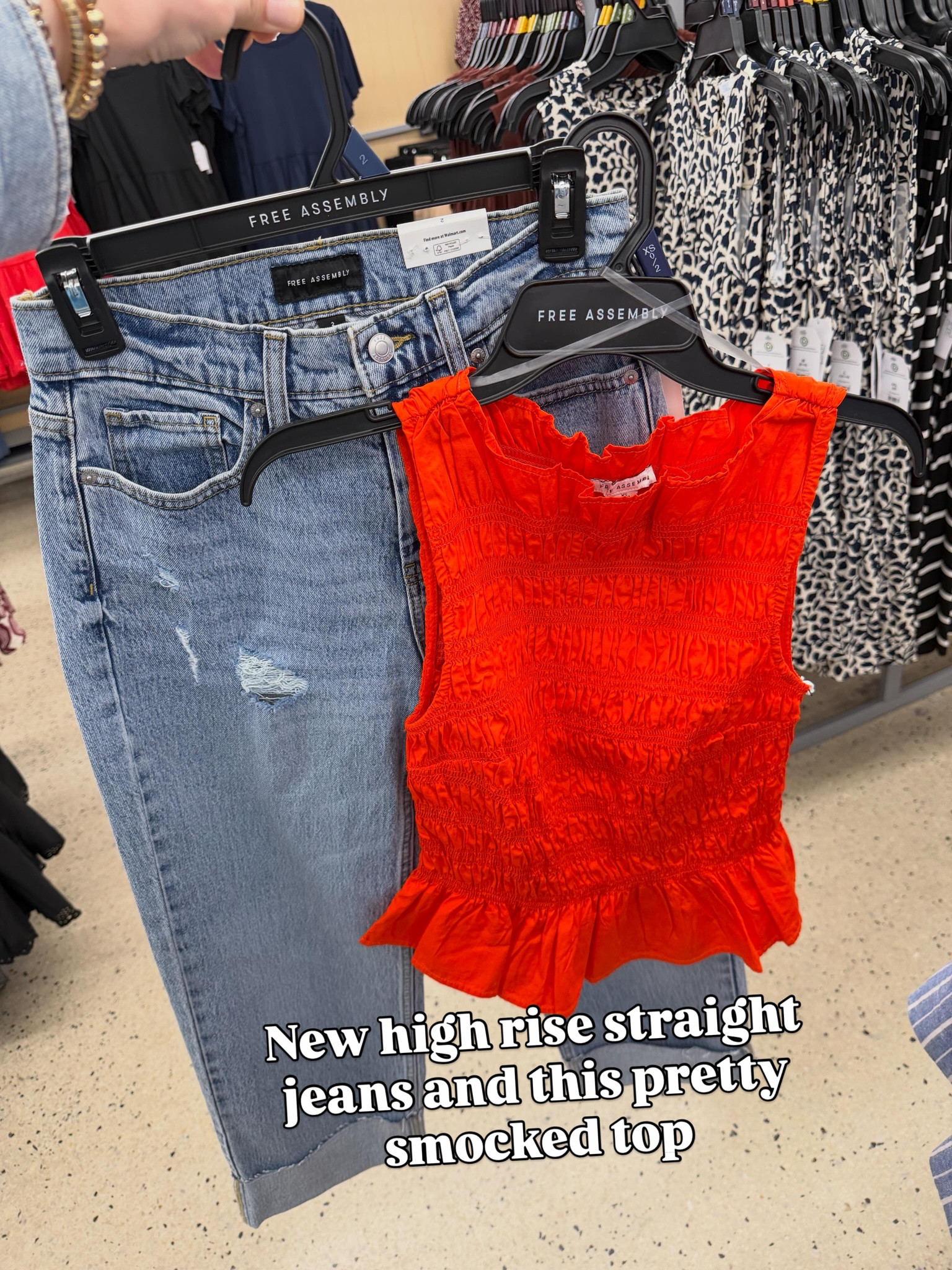 Smocked top and new straight leg jeans at Walmart. I sized up one size to a medium in this top. Stretchy but snug #walmartfashion