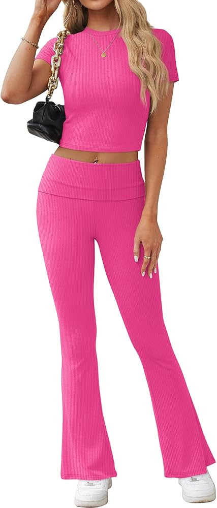 Amazon.com: XIEERDUO Womens Lounge Summer Sets Short Sleeve Women 2 Piece Outfits Hot Pink XS : S... | Amazon (US)
