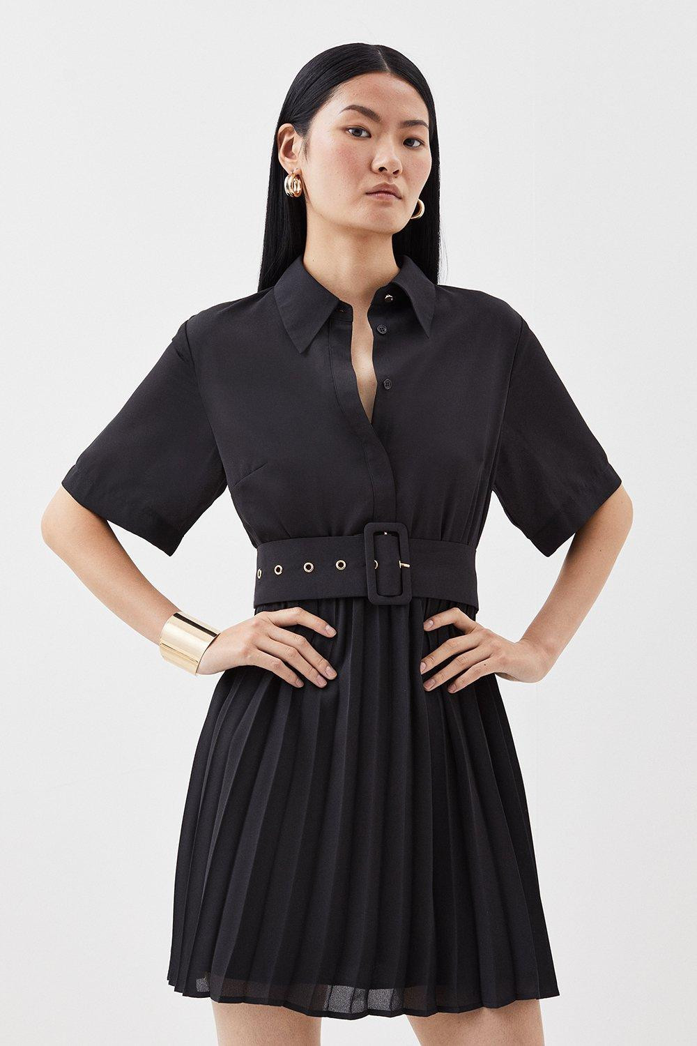 Scattered Floral Georgette Pleated Mini Shirt Dress | Karen Millen US