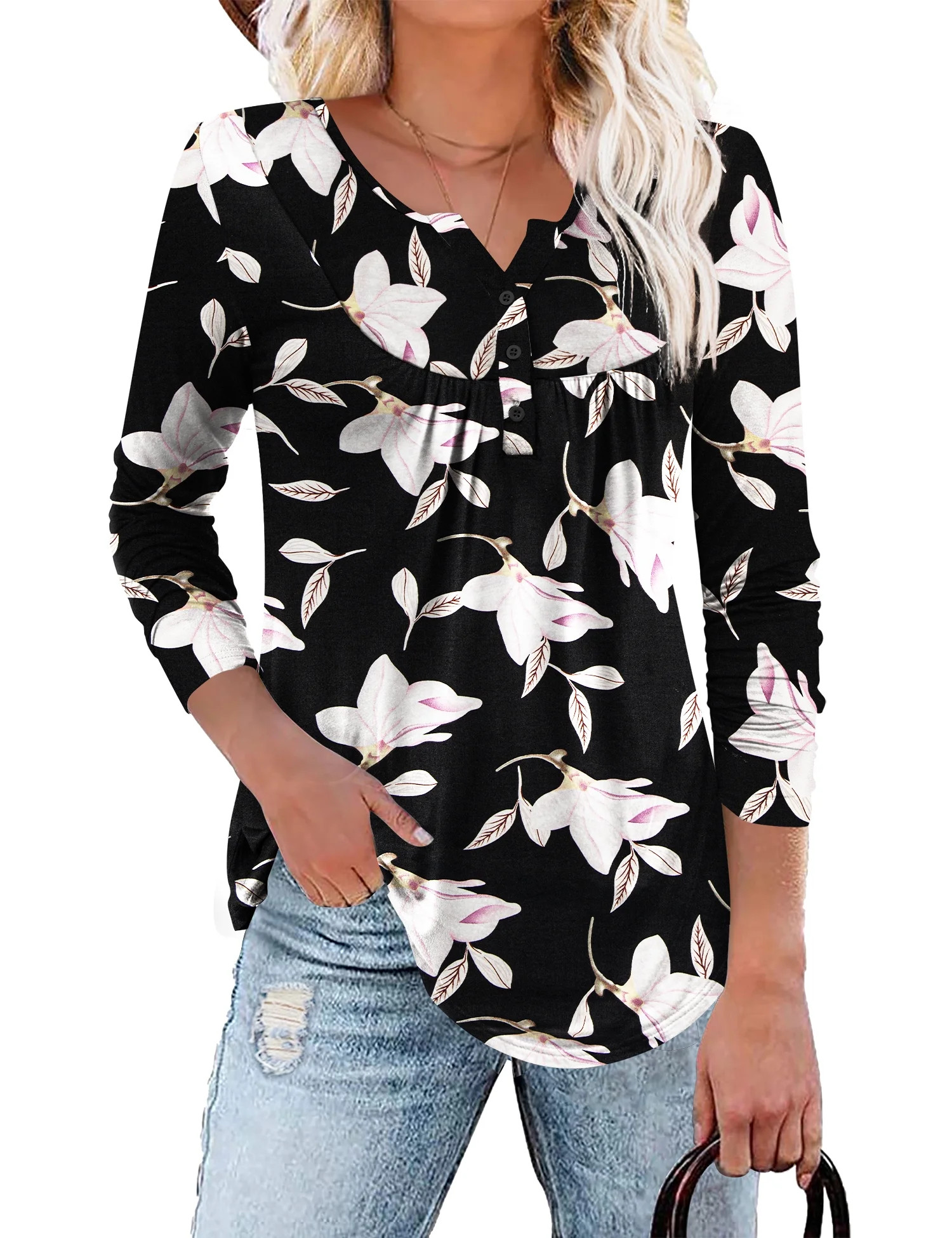 Traleubie Plus Size Tunic Tops Long Sleeve Casual Solid Henley Shirts for Women M-4XL | Walmart (US)