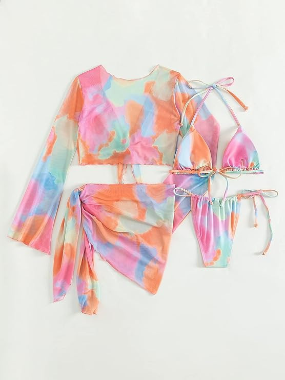 Cozyease Women's 4Pcs Allover Print Knot Front Triangle Bikini Swimsuit with Cover Up Set | Amazon (US)