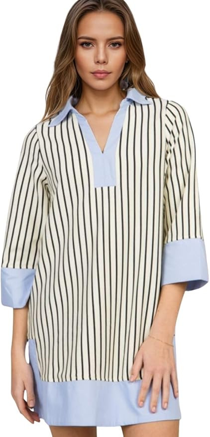 Kwoki Women's Striped Summer Mini Dress 2026 Casual Patchwork Lapel V Neck 3/4 Sleeve Elegant A L... | Amazon (US)