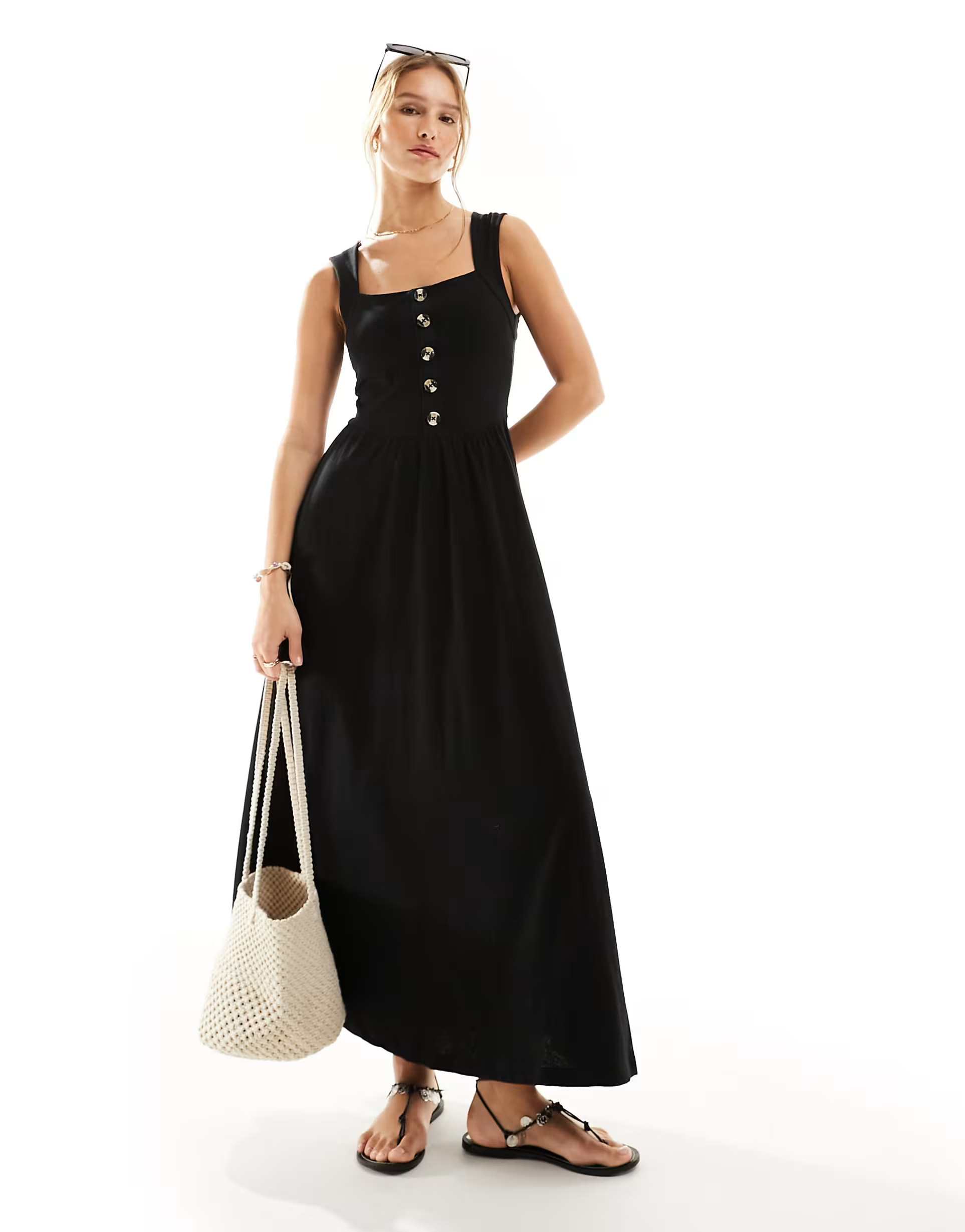 ASOS DESIGN square neck midi sundress with button detail in black | ASOS (Global)