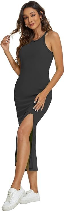 JLCNCUE Women Causal Bodycon Maxi Dress High Side Slit Dresses Scoop Neck Sleeveless Ribbed Tank ... | Amazon (US)