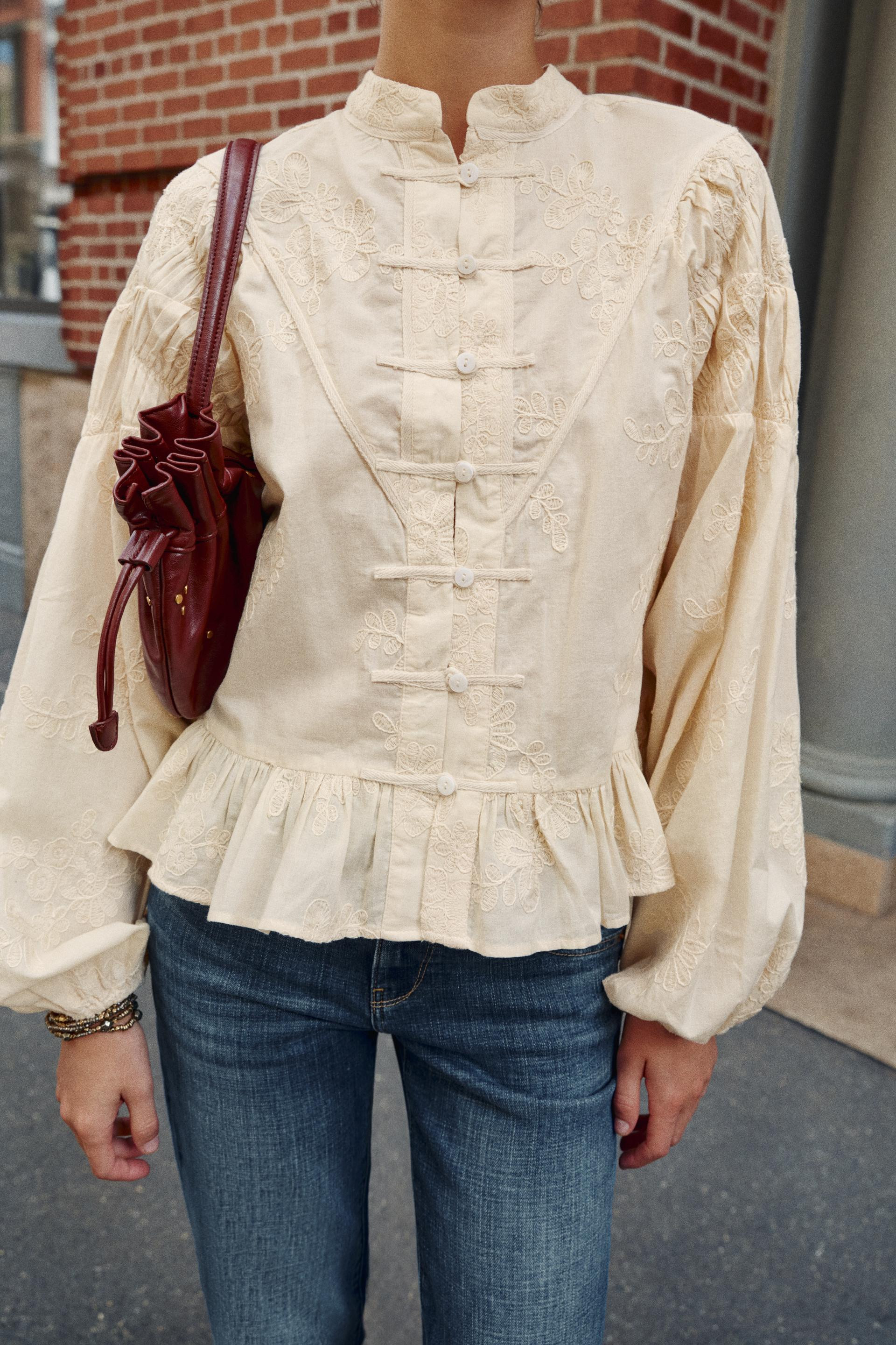 Zara - Embroidered Frog Fastening Blouse - Ecru - M - Woman | Zara US