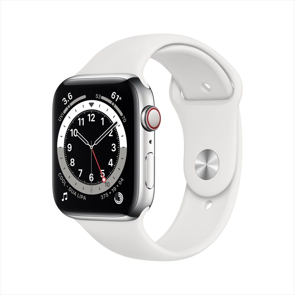 Apple Watch Series 6 GPS + Cellular, 44mm Silver Stainless Steel Case with White Sport Band | Target