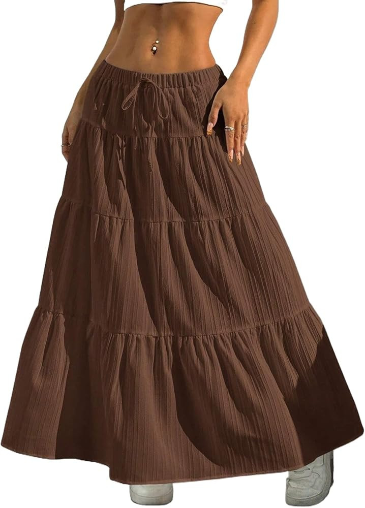 Maxi Skirts for Women Ruffle Hem A Line Long Skirts Elastic Waist Elegant Tiered Layer Boho Long ... | Amazon (US)