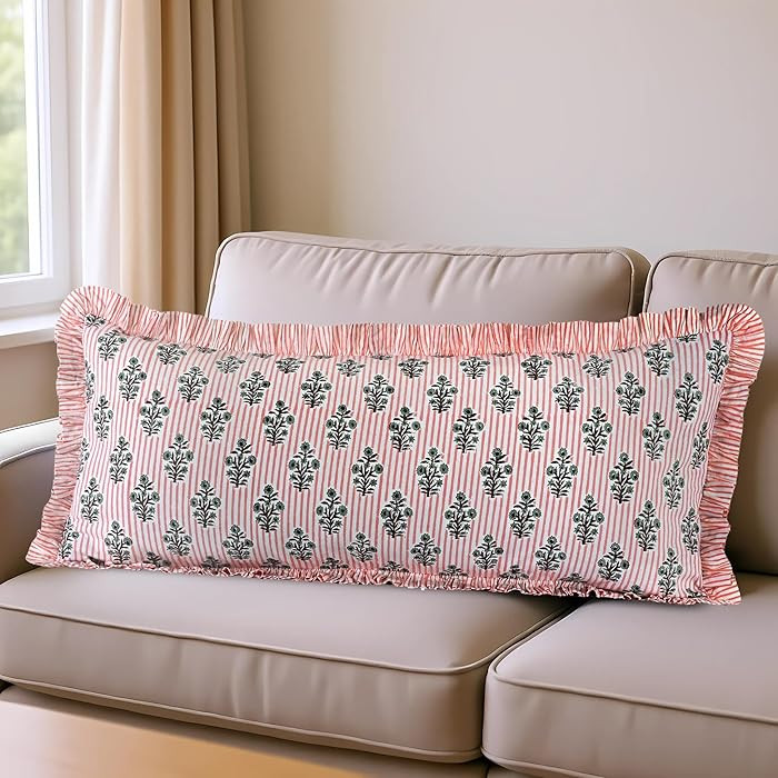 Ridhi Block Print Salmon Blossom 36"x14" Set 1-100% Cotton Ruffle Lumbar Sham Cover Boho Floral P... | Amazon (US)