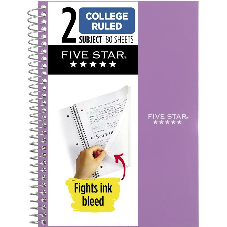 Five Star 2 Subject College Ruled Notebook, 6" x 9.5", Amethyst Purple, Poly, Spiral, 80 Sheets | Walmart (US)