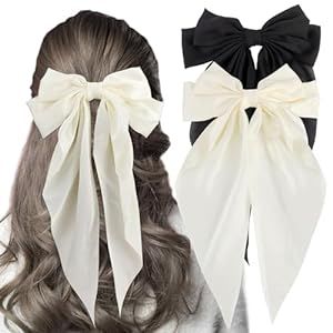 Exacoo Hair Bows for Women 2Pcs White Hair Bow Black Hair Bow Silky Satin Hair Ribbon Oversized L... | Amazon (US)