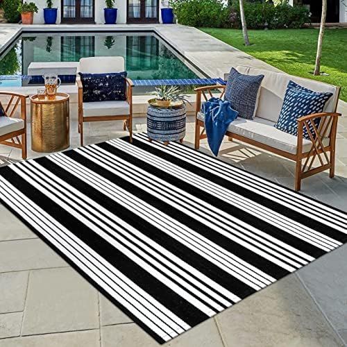 OJIA Black and White Outdoor Rug,4 x 6 ft Patio Cotton Striped Woven Rug Machine Washable Indoor/Out | Amazon (US)