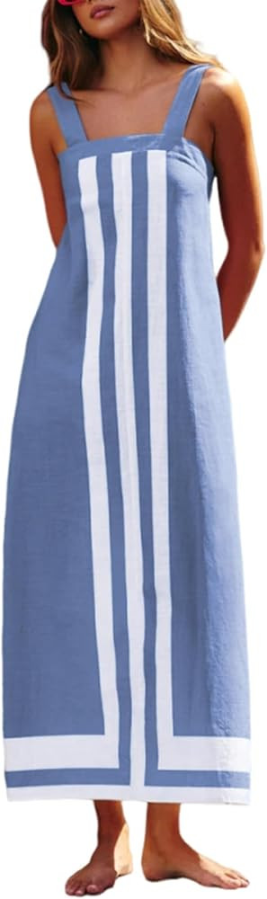 Color Block Maxi Dress for Women Summer Striped Square Neck Backless Long Dress Casual Flowy Vaca... | Amazon (US)