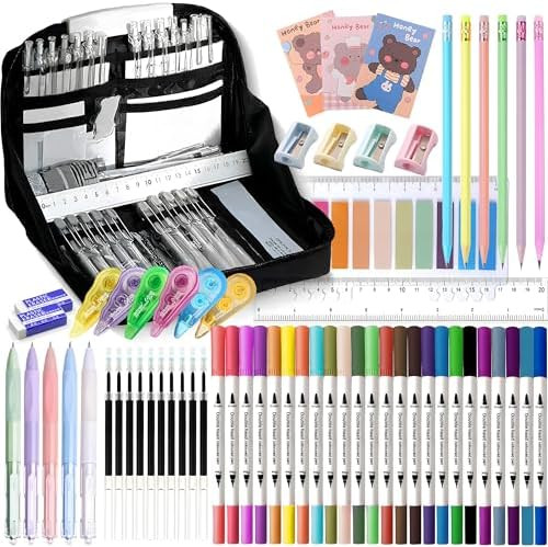 56 PCS Aesthetic School Supplies with Large Pencil Case, 24 Double Brush Marker Pens, 5 Black Ink... | Amazon (US)