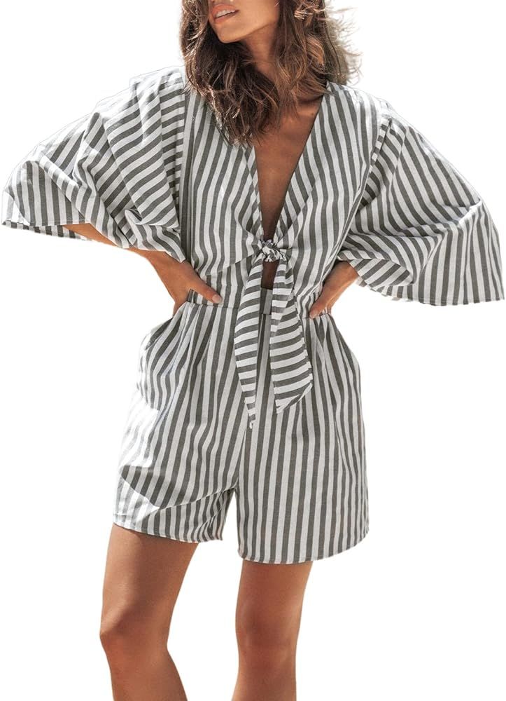 CUPSHE Women's V Neck Striped Bow Front Romper Half Sleeve Jumpsuit Wide leg Outfit | Amazon (US)