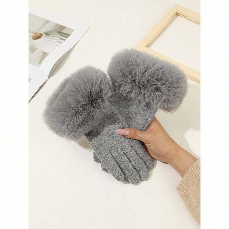 Cute 1pair Women's White Imitation Wool High Density Cuff Warm Gloves With Touchscreen Function, Winter Outdoor Cycling Accessory | SHEIN