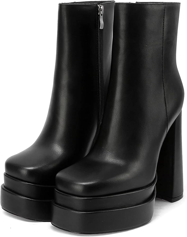 amiuwen Platform Boots,Chunky Boots with Double Platform,Square Toe and Side Zipper | Amazon (US)