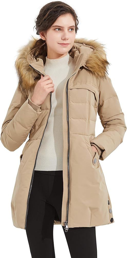 Women's Light Down Jacket Fur Trim Hooded Winter Coat Stand Collar Parka | Amazon (US)