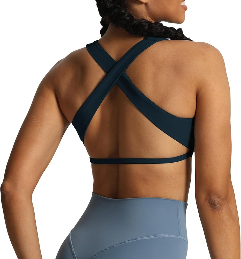 Aoxjox Women's Workout Sports Bras Square Neck Emma Cross Back Fitness Padded Training Gym Bra Yo... | Amazon (US)