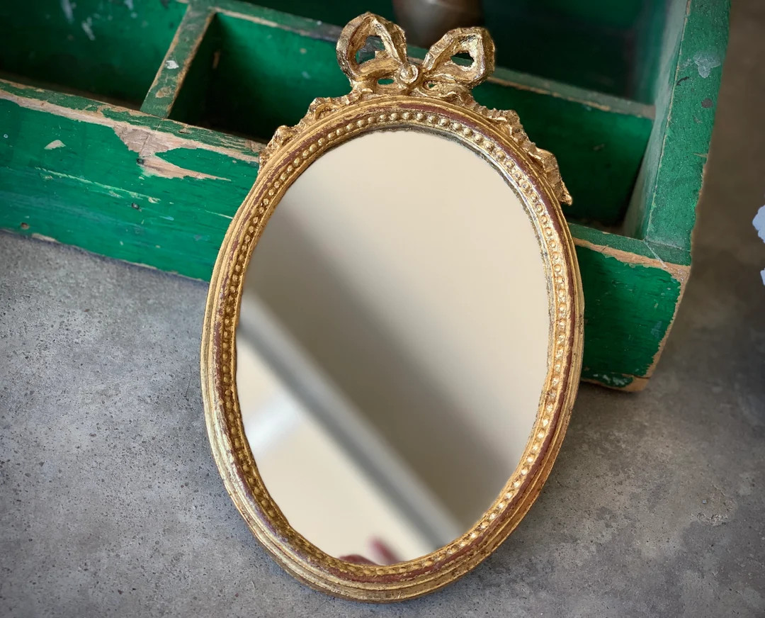 Vintage miniature Italian gold mirror oval Florentine gilt framed mirror with ribbons and bow 8.7... | Etsy (US)