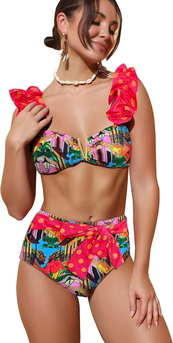 SPORLIKE Women Ruffle High Waisted Swimsuit Adjustable Straps Bikini Padded Bathing Suit | Amazon (US)